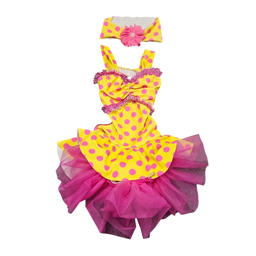 Dansco Dance Costume Girls MC Yellow Pink Polka Dot Tutu Headband Set Recital